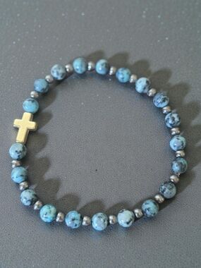 Handmade Gold Cross Picasso Jasper Hematite Stretch Bracelet
